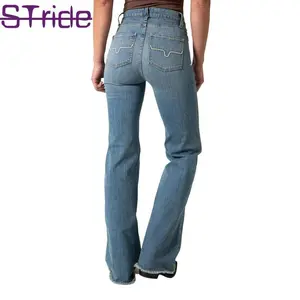 Women's  Medium Wash High Rise Wide Leg Jeans Button Cotton Womenswear Lightweight