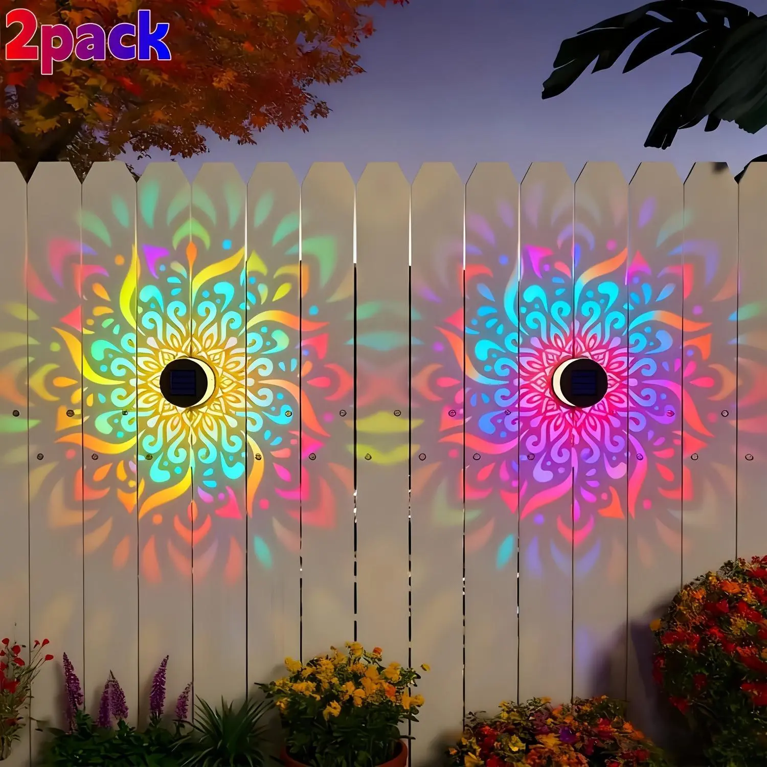 Mandala  Lights 2-Pack Metal Solar Fence Lights, Outdoor Waterproof Mandala Wall Lights, Decorative Solar Deck & Step Lights with Auto On/Off for Patio, Garden, Backyard, Fence & Terrace