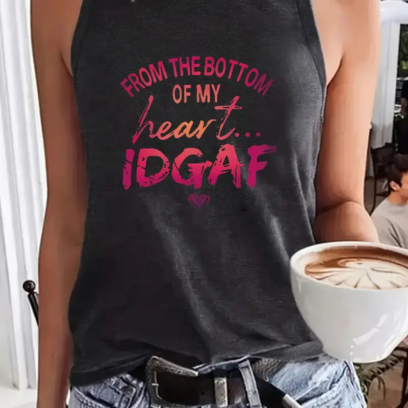 Women's "FROM THE BOTTOM OF MY HEART I DGAF" Print Round Neck Tank Top, Casual Chic Sleeveless, Casual Everyday Top, Casual Fashion Sleeveless Top for Summer, Ladies Clothes for Daily Wear