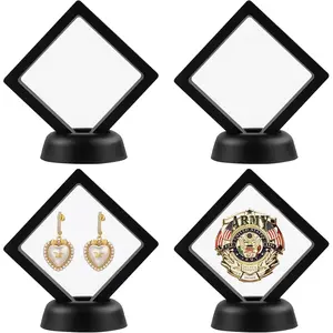 4Pcs 3D Floating Frame with Stand, Challenge Coin Display Holder, Small Shadow Box for Earrings, Rings, Brooch, Military Medal, Black, 2.75x2.75 inches