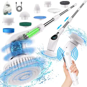 Motorized Rotary Scrubber with Retractable Handle, 3 Adjustable Speeds, Digital Display of Power Level, Voice Announcement, with 9 Replaceable Brush Heads. Suitable for Doors, Windows, Floors, Kitchens, Bathrooms, Cars. Powerful Cleaning Tool