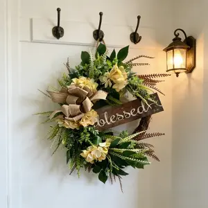 Artificial Hydrangea Wreath with Blessing Sign, Farmhouse Style Decorative Wreath, Linen Bow, Perfect for Living Room and Porch, Decoration