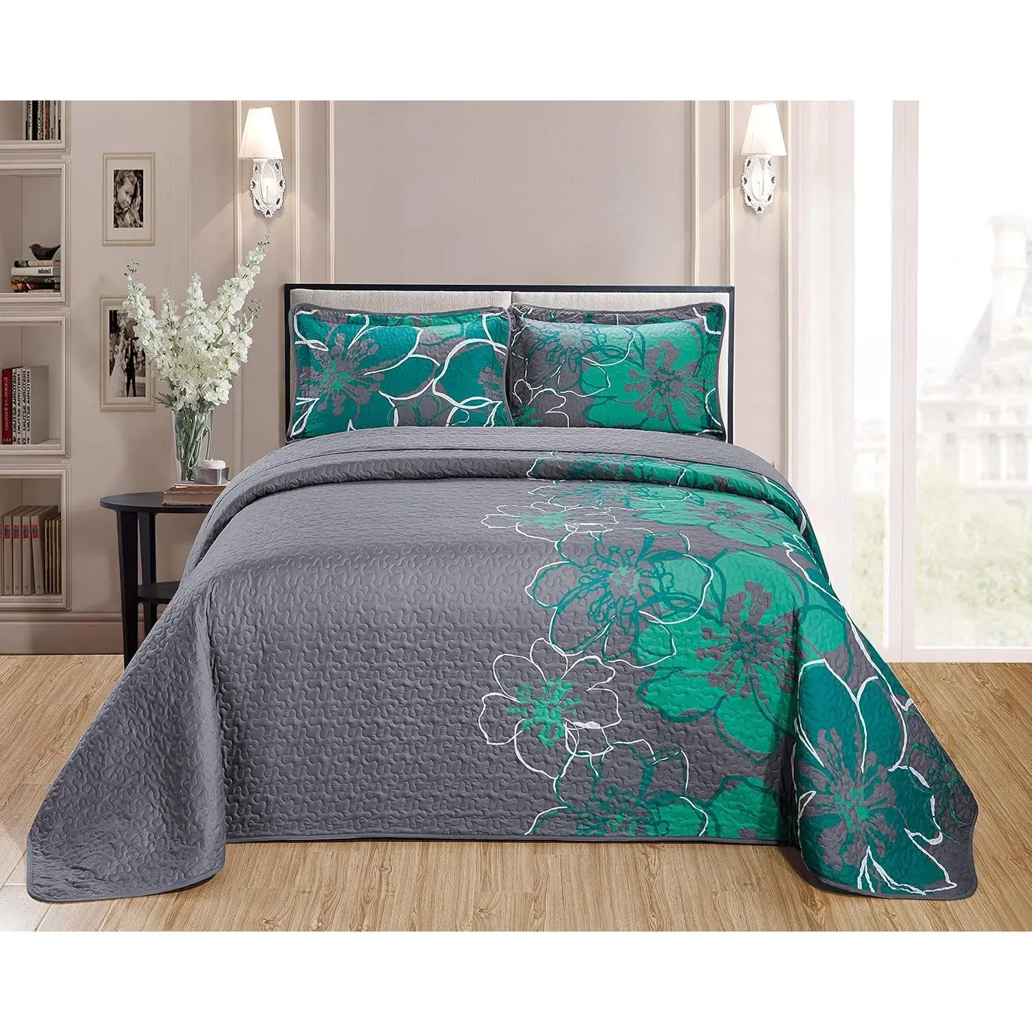 Decorative Floral Flower Quilt Bedspread Set, Oversized Grey Turquoise King-California King Home Collection Bedding Set, Decorative Bedding Set, Floral Bedding Sets