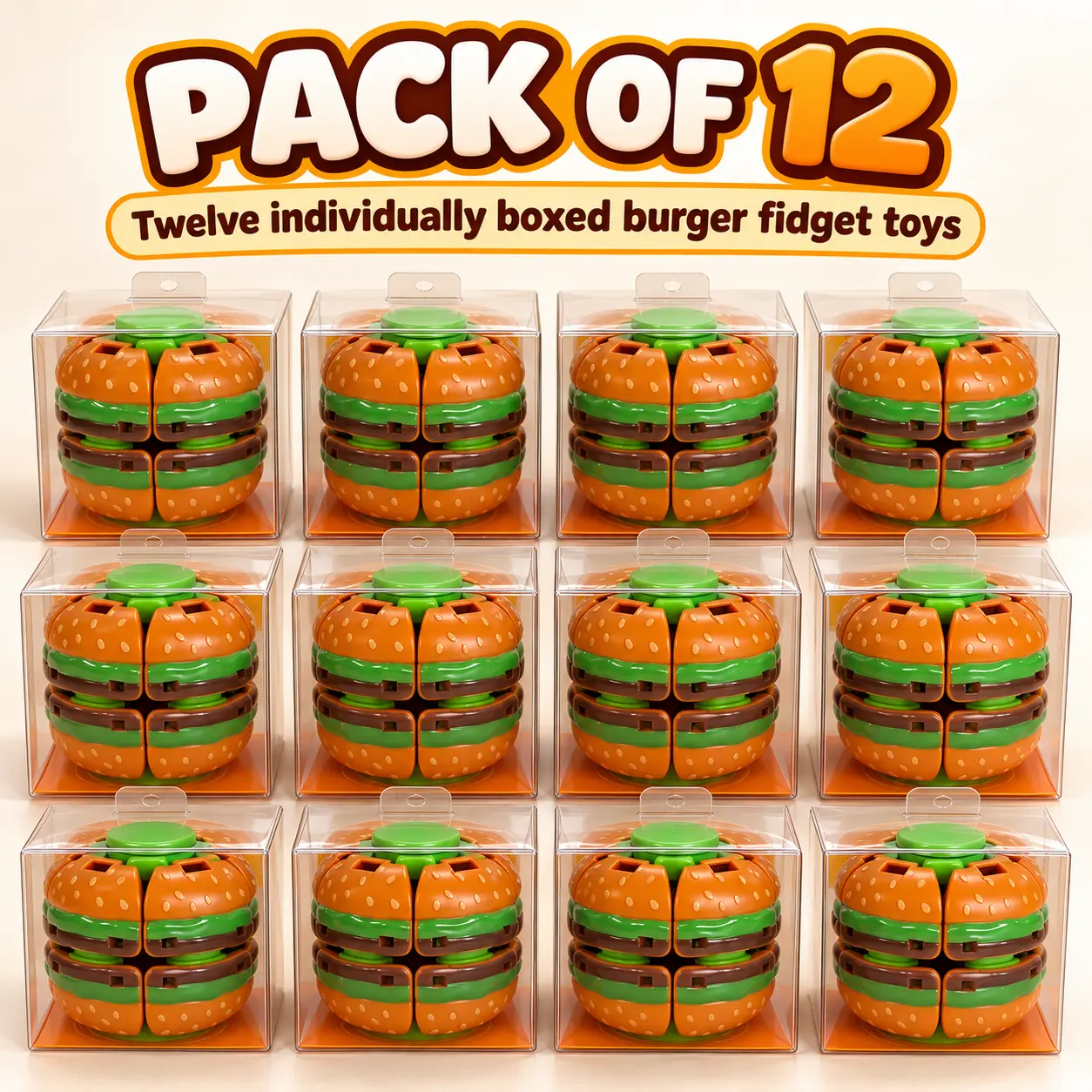Burger Fidget Spinner 12-Pack, Press & Spin Sensory Stress Relief Toys, Fun Desk Fidget Toys for Kids & Adults, Portable Boredom Relief Toys for Home, School & Office