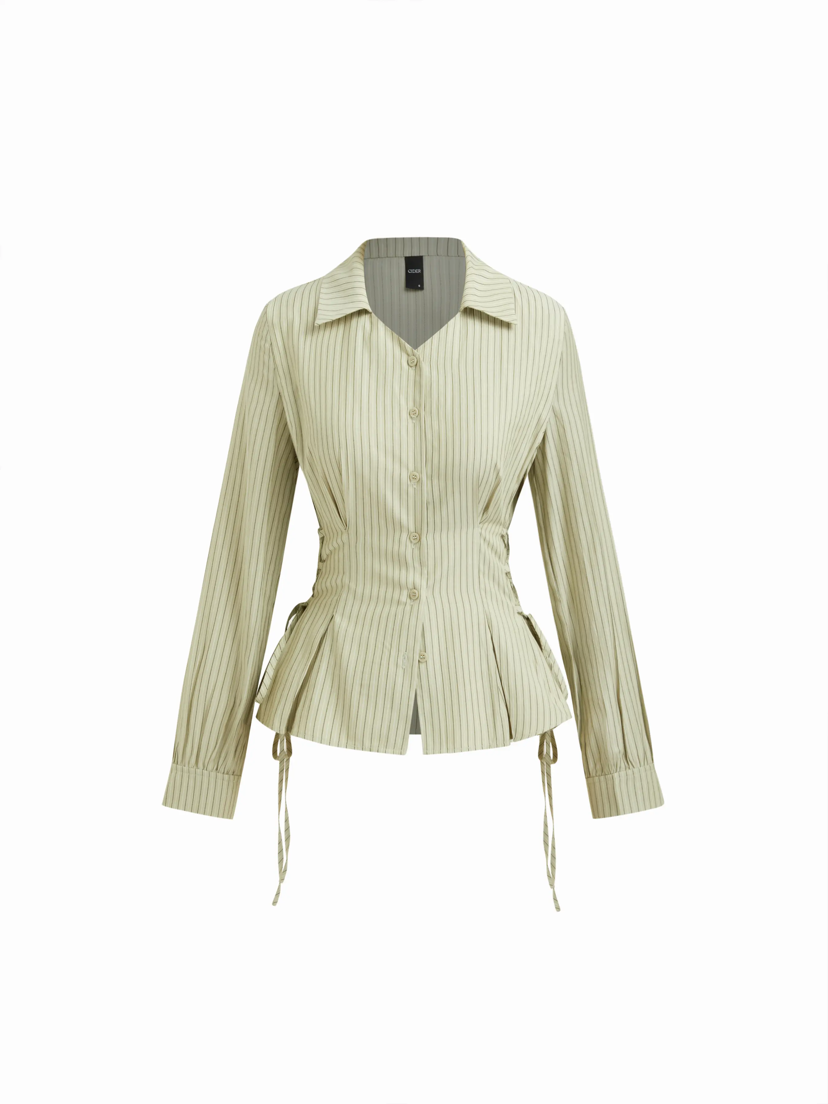 Cider Cotton-blend Striped Collar Long Sleeve Lace Up Cinched Waist Shirt
