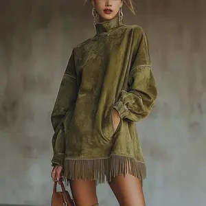 Suede-Style Turtleneck Fringe Dress – Loose Fit Long-Sleeve Dress with PocketsRAIMENTRY