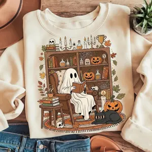[Sale Up To 50%] Retro Cozy Ghost Reading Halloween Sweatshirt, Book Lover Ghost Sweatshirt, Fall Library Boo Ghost Shirt, Cute Spooky Bookshelf Ghost streetwear graphic tee