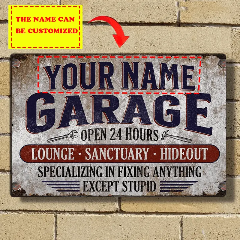 Customizable Retro Vintage Metal Garage Sign - Personalized Classic Name Plaque, 8x12 in Rectangular High-Gloss Aluminium Home Supplies Decor, Scratch-Resistant, Water-Resistant Art, Man Cave Gift