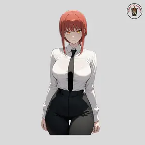 Makima Waifu Vinyl Sticker, Elegant Office Outfit Anime Girl with Red Hair, Professional Look Decor for Laptop and Bottle
