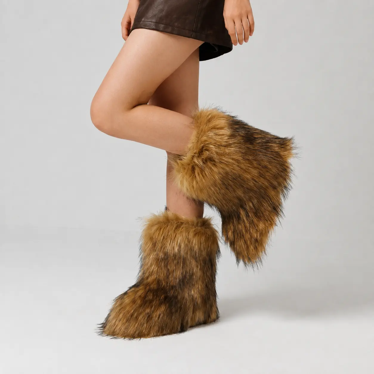 Womens Faux Fur Boots Mid Calf Round Toe Flat Heel Pull On Fluffy Shaggy Fuzzy Warm Luxury Soft Aesthetic Style Home Wear Holiday Outdoor Activities Casual Festival Gift Fall Dress Comfy Fashion Plush Boots Shoes