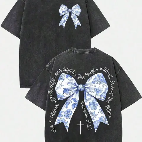 Vintage Proverbs 31:25 Blue Floral Bow Front Back Christian T-Shirt, Washed Black Oversized Cotton Crewneck Tee, She Is Clothed With Strength And Dignity Cross Religious Faith Gift Top For Women Believers