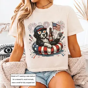 Comfort Colors Boxy Tee Puppy Graphic Tee Cropped Shirt Womens USA Flag Dog Lover Tee Vintage 90s Poodle Shirt Fourth of July Gift for Her