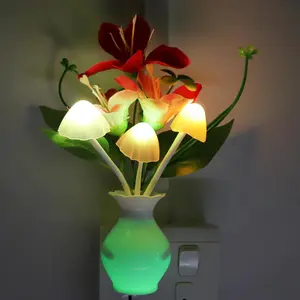 Plug-in Night Light with Auto Light Sensor,RGB LED Mushroom Night Light Wall Red Lily Flower Lamp 1W Energy Efficient Night Light for Adults   Room,Bedroom,Lounge,Hallway,Stairs