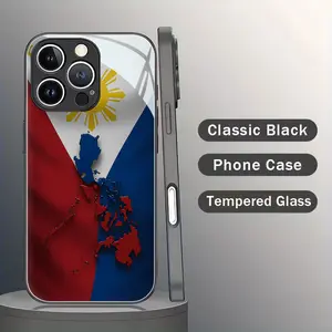 Stylish Creative Smartphone Cellphone Case Cover, Black Tempered Glass Accessory with Simple Philippine Flag and Map Pattern, Compatible with iPhone 11-17 Plus Pro Max, Mobile Phone Accessories with Screen Protector