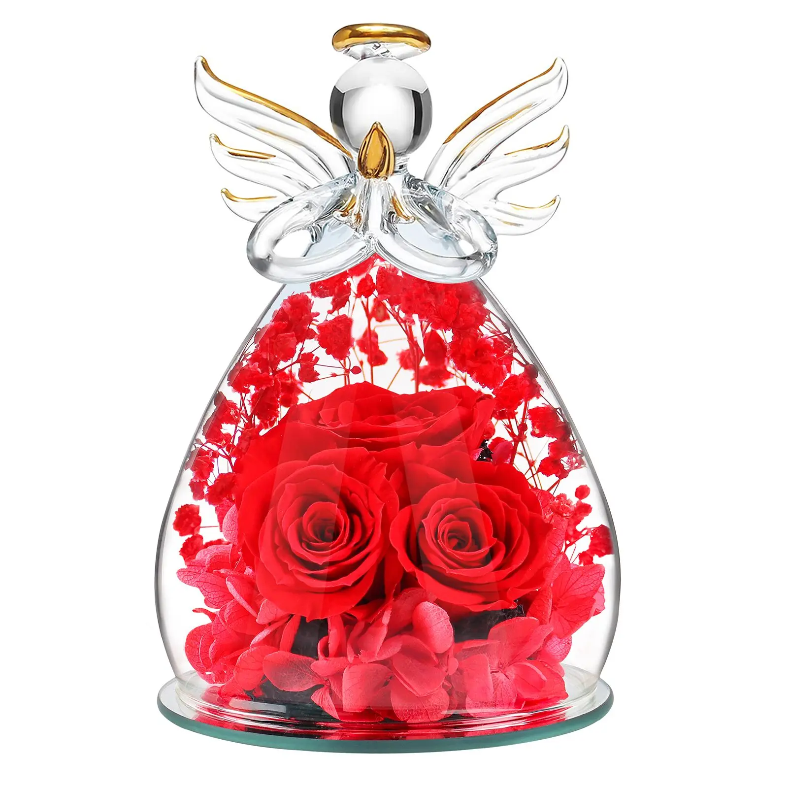 DEEMEI Handmade Rose-Filled Angel Glass Figurine Ornaments - Decorative Home Supplies with Preserved Real Flower, Valentine’s Romantic Gifts for Girlfriend, Mom