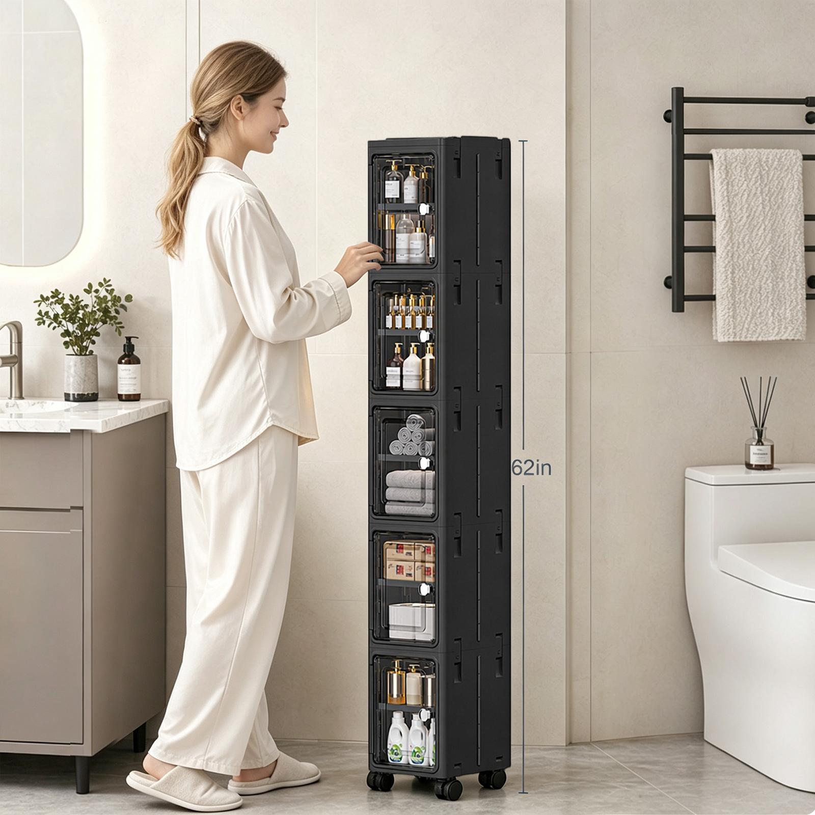 Slim Narrow Foldable Storage Cabinet, Magnetic Transparent Door Tall Organizer with Rolling Lockable Casters, Adjustable Layer Plastic Cabinet for Kitchen Gaps, Bathroom & Laundry Room Home Storage