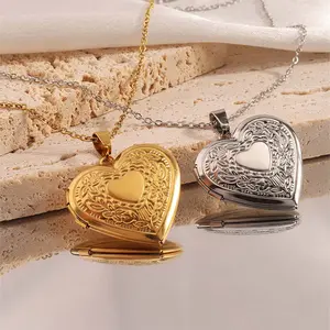 Love photo frame necklace memorial heart-shaped pattern photo box clavicle necklace