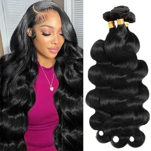 MatchU Hair Body Wave Bundles Human Hair 100% Unprocessed  Brazilian Hair 3 Bundles Sew in 4 x4 Lace Closure Human Hair Body Wave Hair Extensions Natural Black