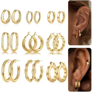 9 Pairs Gold Hoop Earrings Set for Women – Lightweight Thick Hoops, Hypoallergenic 14K Gold Plated, 925 Silver Post | Perfect Jewelry Gift for Her