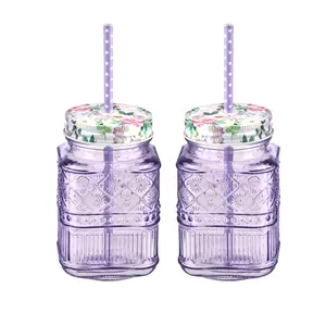 212 MAIN 2-Piece 16oz Embossed Claro Glass Mason Jar Set - Purple Decorative Glass Jar, Pet Feeding Storage Bottles, Coffee Canister Containers