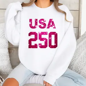 USA 250 Faux Glitter Design Sweatshirt, America Anniversary Graphic Pullover, Faux Glitter Print with No Glitter Effect, Patriotic 4th of July Apparel for Women and Girls