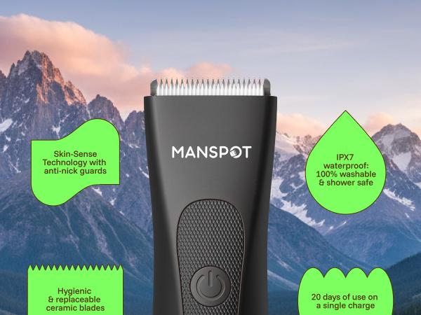 Manspot 4 in 1 Electric Bodyand Hair Shaver - Groin Hair Trimmer, Ball Trimmer for Men with Replaceable Ceramic Blade Heads, USB Recharge, 90 Minutes Shaving,Waterproof, Safe & Gentle Trimming, Quick Gifts