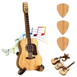 Mini Wooden Guitar Pick Holder with 3 Pcs Guitar Picks, Acoustic Guitar Pick Case, Storage Box for Guitarists, Engraved Wooden Plectrum Case, Acoustic Guitar Box for Electric Bass Guitar Ukulele Lover