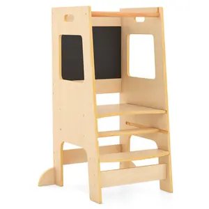 COSTWAY - Toddler Kitchen Step Stool with Activity Chalkboard and Adjustable Height-Natural