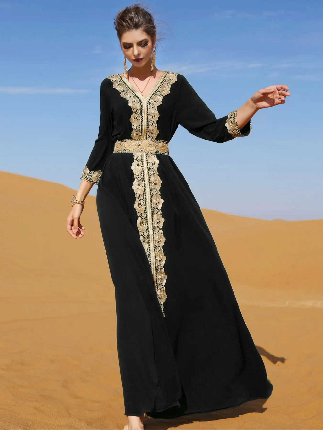 Elegant Women's Lady Long Sleeve Dress, V Neck Lace Hem, Waist Fit Design, Slim Fit, Fitted, Spring Summer Fall Kaftan Style, Womenswear, Basic