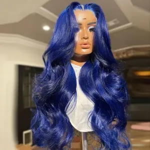 Dark Blue 13x4 HD Lace Front Human Hair Wigs For Women Pre Plucked Blue Colored Body Wave Transparent Lace Frontal Brazilian Human Hair Wigs 180 Density SpringStatements