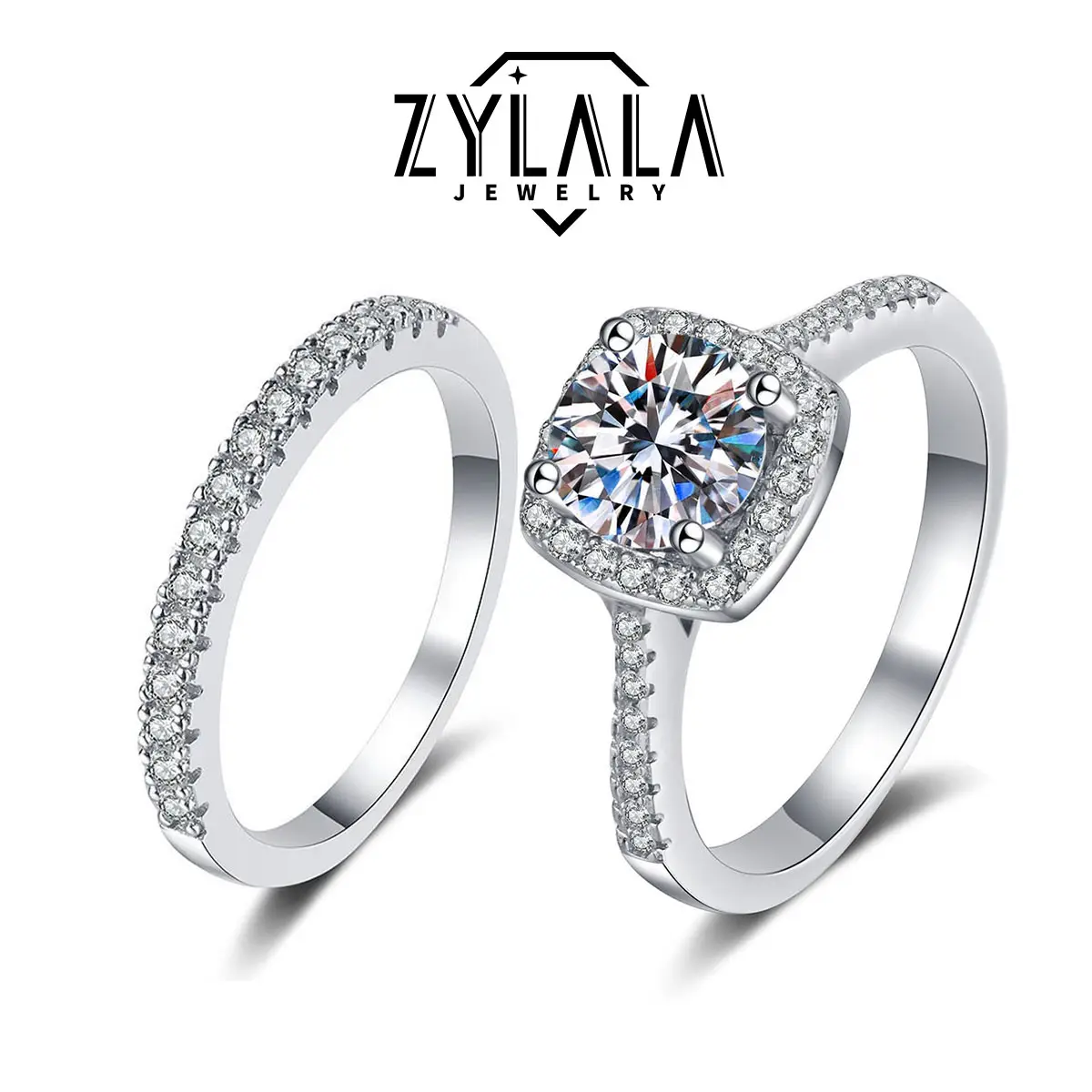 [245] 0.5/1/2CT Synthetic Moissanite Square Ring + Eternity-band Set Square Halo Design 925 Sterling Silver Promise Ring Engagement Wedding Gift