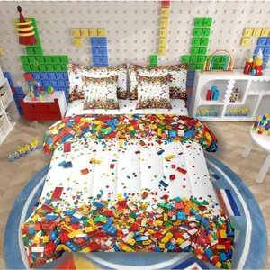 3D Building Blocks Bedding Sets Construction Comforter Set 7 Piece Bed in a Bag,for,Colorful Sheet Set with Comforter Bricks Rainbow Gradient Room Decor White
