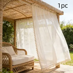 1pc Fringe Sheer Curtain, Polyester Fiber Material, Rod Pocket Design, Elegant Window Drapes for Outdoor Decor, Garden, Porch, Patio Door Curtain