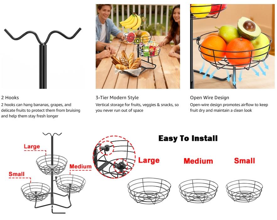 3 Tier Fruit Basket Bowl with 2 Banana Hooks, Solid Metal Standing Vegetable Storage for Kitchen Counter, Large Capacity Organizer for Bread Snack Produce (Black)