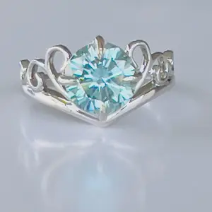 2.8ct Blue green moissanite crown ring in 10k white gold