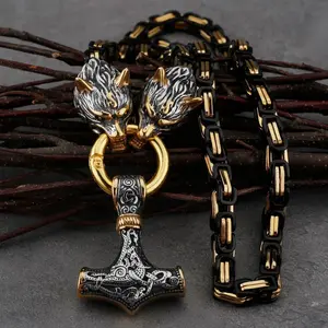 Men's Domineering Retro Emperor Necklace Stainless Steel Chain Wolf Head Necklace Nordic Viking Hammer Amulet Necklace