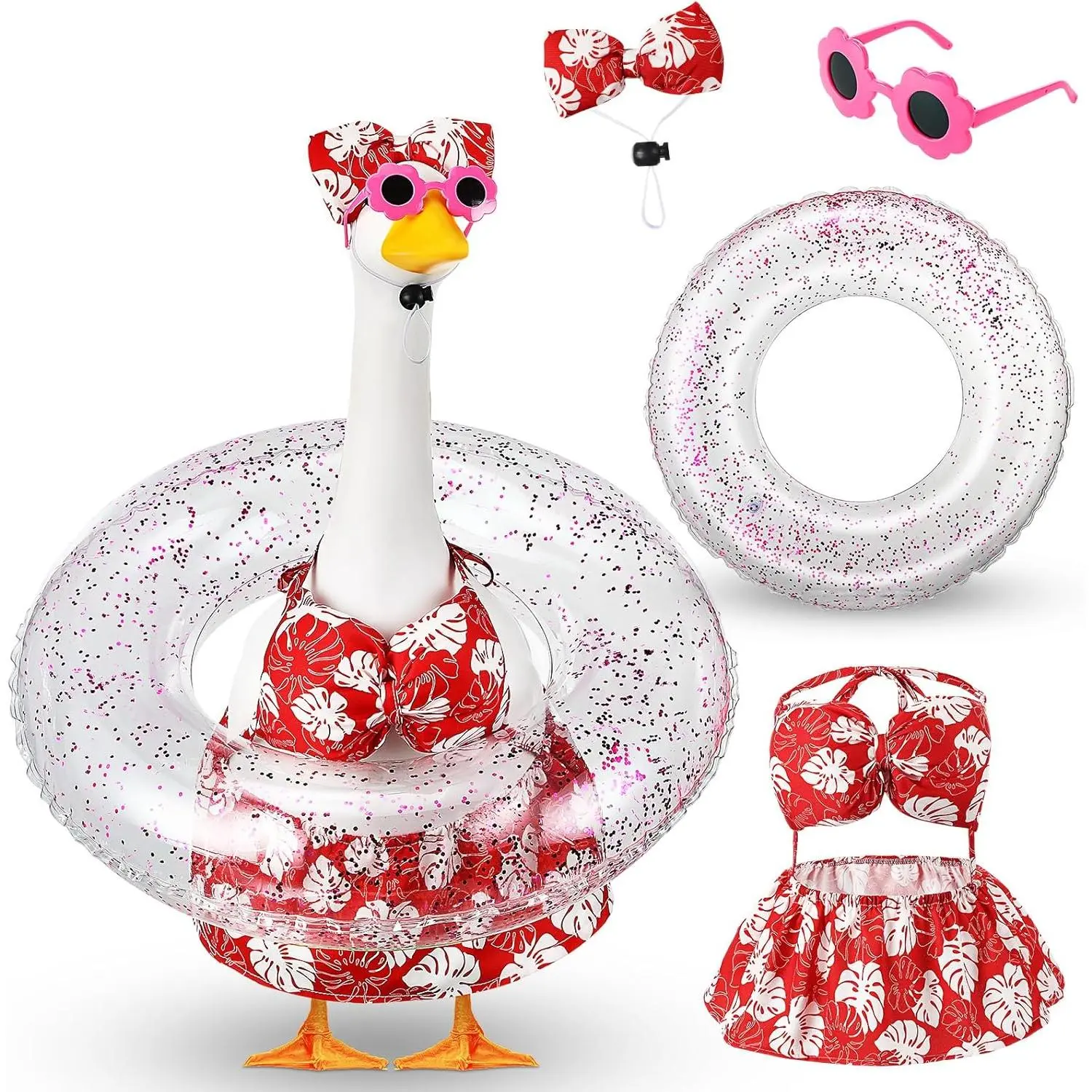 Bikini Porch Goose Outfits with Sunglasses and Swimming Tube for 23" Summer Goose Costume Garden Patio Statue Decor(Hot  Monstera)