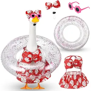 Bikini Porch Goose Outfits with Sunglasses and Swimming Tube for 23" Summer Goose Costume Garden Patio Statue Decor(Hot  Monstera)