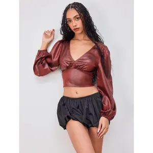 Cider Satin V-neck Tie Back Bowknot Cropped Long Sleeve Blouse