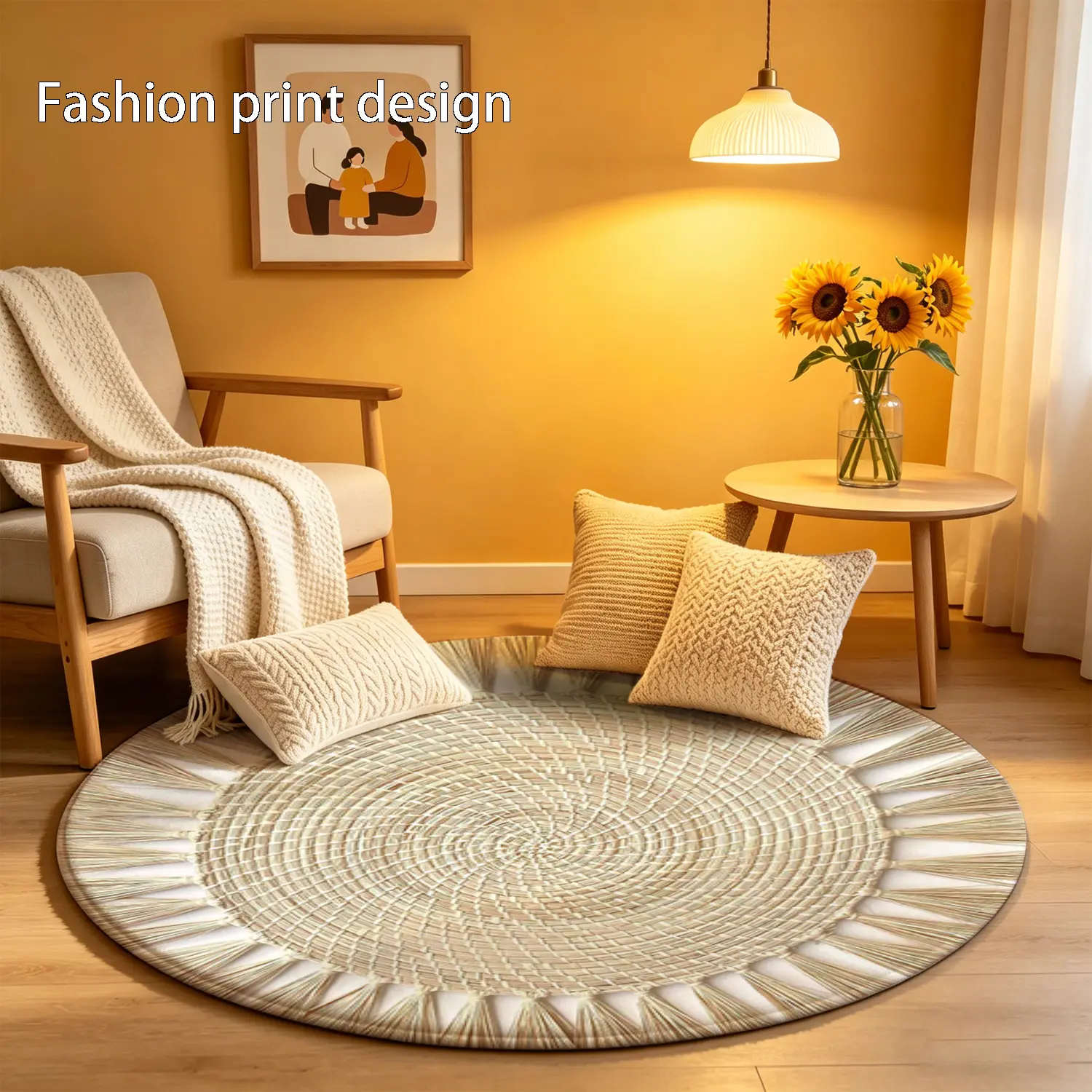 1 piece of 2D flat woven circular pattern floor mat, Flat weave rug, Round Rugs, suitable for bedroom, living room, balcony, hotel, entrance, kitchen, bathroom and other places, available in all seasons
