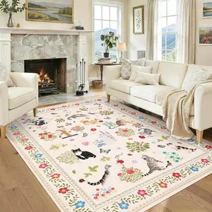 Washable Rug 8x10 Large Cat Rugs for Living Room, Non Slip Non Shedding Floral Border Farmhouse Rug Stain Resistant Low Pile Foldable Mats for Bedroom, Dining Room, Nursery, Office, Beige