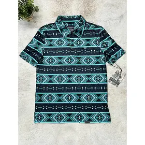Panhandle Adan SS Aztec Stripe Snap Knit Polo Turquoise