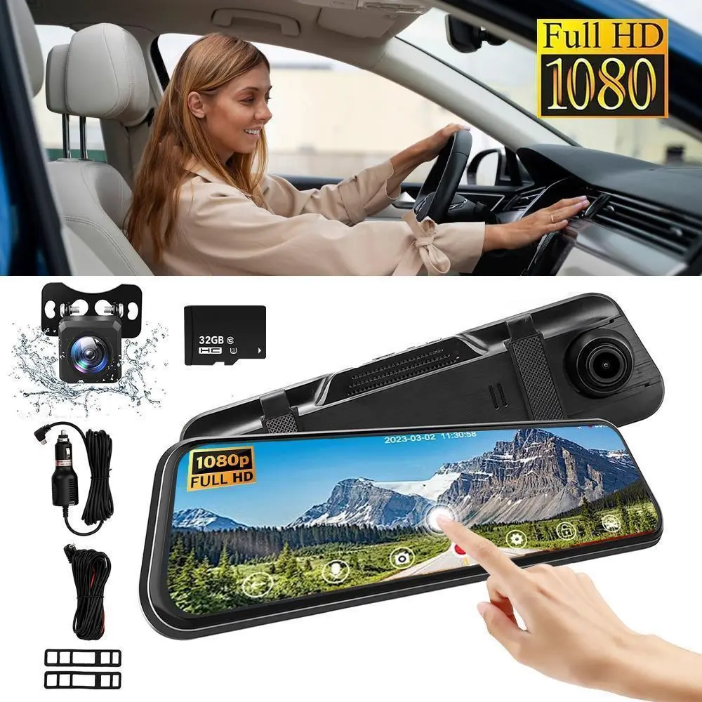 【ToolUpgrade】10 inch Rear View Mirror Dash Cam, 1080P FHD Front & Rear Recorder with Full Touch IPS Screen, Night Vision, 170° Wide Angle, Built-in Gravity Sensor, Safe Driving Camera for Cars, Travel