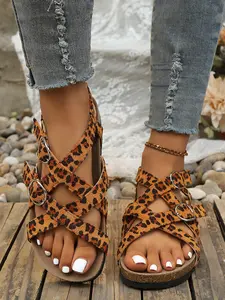 Leopard Print Cross Buckle Flat Sandals for Women, Summer New Arrival, Anti-Slip Soft Sole, Breathable, Casual, Plus Size, Slimming, Comfortable
