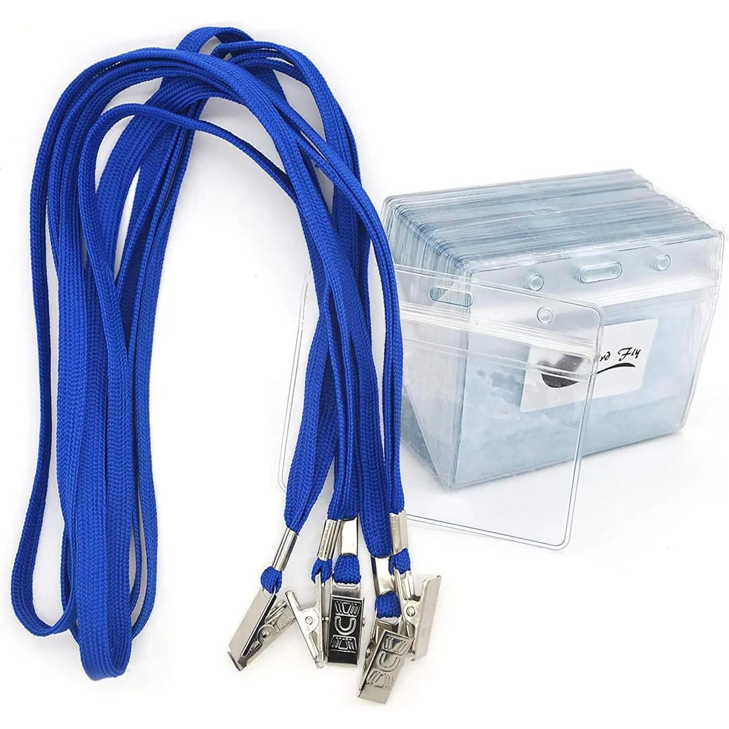 Lanyards with Id Holder Name Badges 50 Pack Clear Plastic Name Tag Badge Id Card and 50 Pack Blue Lanyard