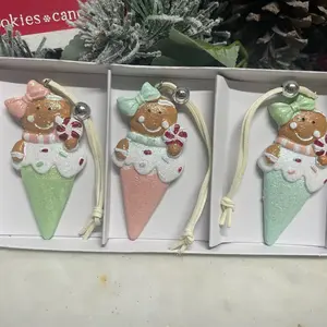 Candy Land Theme Decor - Set of 3 Sparkly Gingerbread Boy and Girl Christmas Tree Ornaments with Adjustable Silver Balls and Leather String Holders