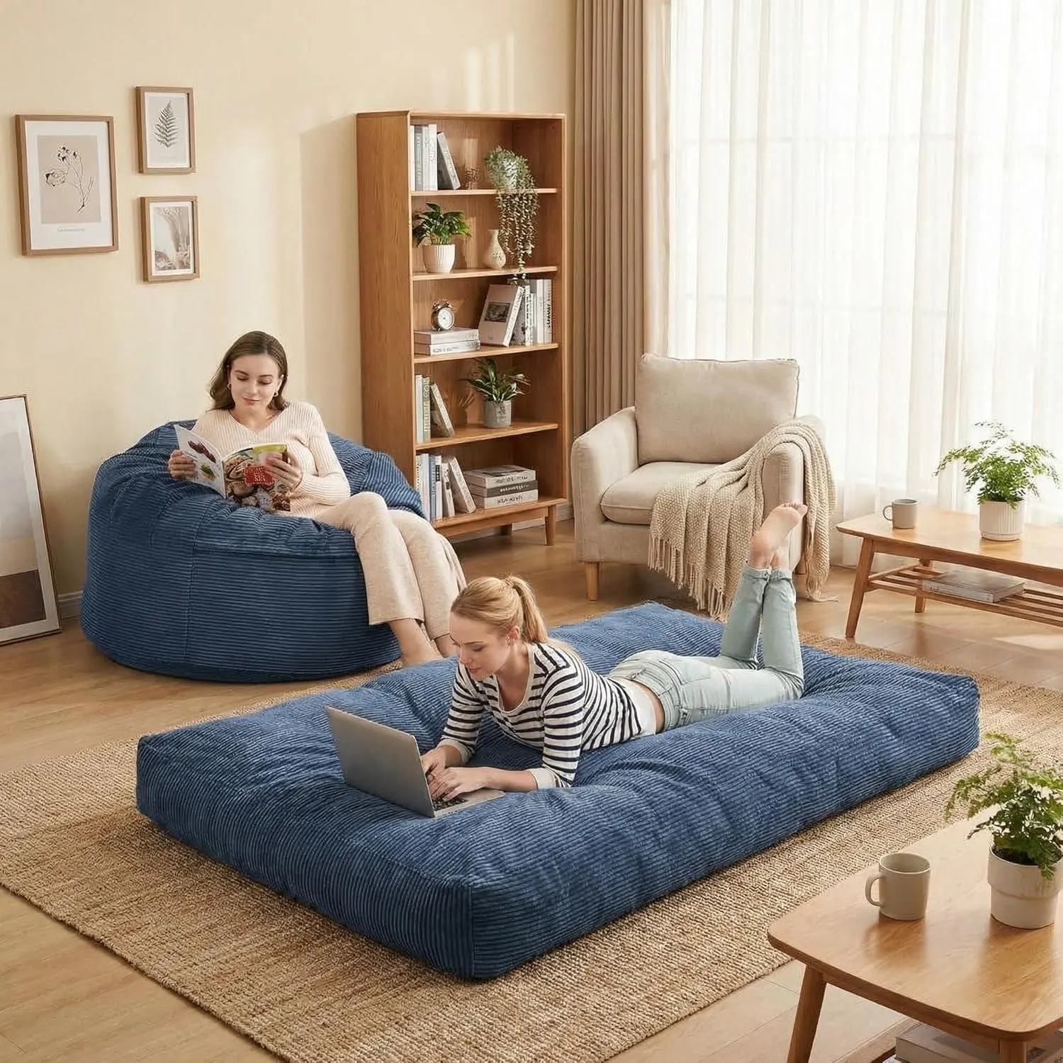 Garvee 2-in-1 Bean Bag Sofa & Bed – XXL Floor Sofa with Corduroy Cover, High-Quality Foam, Washable, Assembly-Free, Ideal as a Relaxing Lounger for Living Room & Bedroom – Navy Blue, Big Ball Ø120×H70cm