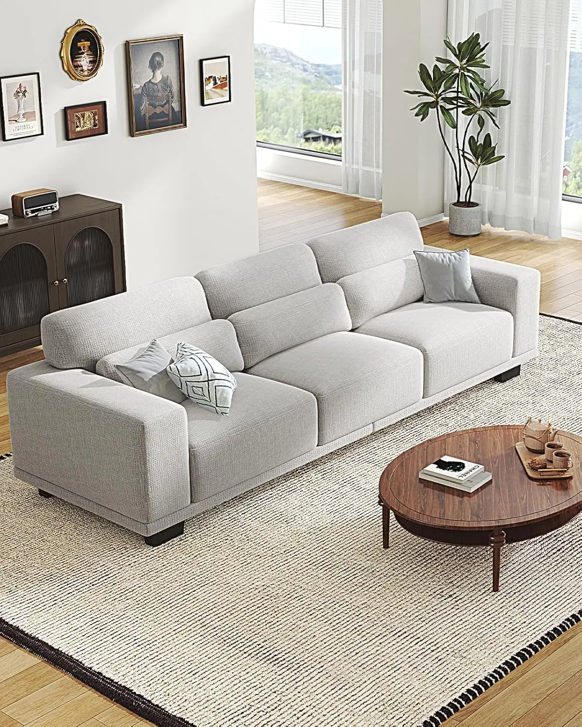 89" Comfortable 3-Seater Sofa for Living Room with Deep Seats and Wide Armrests, Supportive Cotton-Linen Couch with Thick Cushions, Removable and Washable Covers in Grey