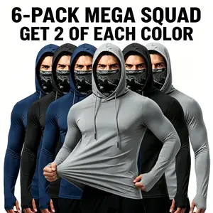 6/3 Pack Men's Sun Protection Long Sleeve Hooded Shirts, 4-Way Stretch Quick Dry Compression Work Shirt with Built-in Face Mask & Neck Gaiter, UV Protection for Fishing Cycling Gardening Outdoor Work