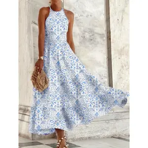 Women'S Bohemian Floral Print Sleeveless Maxi Dress - Light Blue & White Paisley Pattern, Cinched Waist, Flowy Vacation Style for Spring/Summer/Fall, Beach Dress